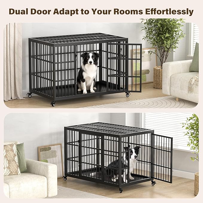 VERIFURTY 48 Inch Heavy Duty Dog Crate for Large Dogs with Self-Locking Latch, Escape-Proof Steel Kennel Indoor, XL Large Double Door Metal Pet Cage with Wheels
