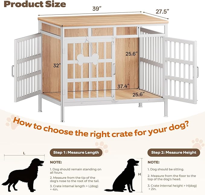 Large Dog Crate Furniture, Wooden Dog Kennel Furniture for Medium Large Dogs, Double-Doors Sturdy Metal Dog Cage for Anxiety Dog, Anti Escape Wooden Cage with Name Tag End Table, TV Stand Beige