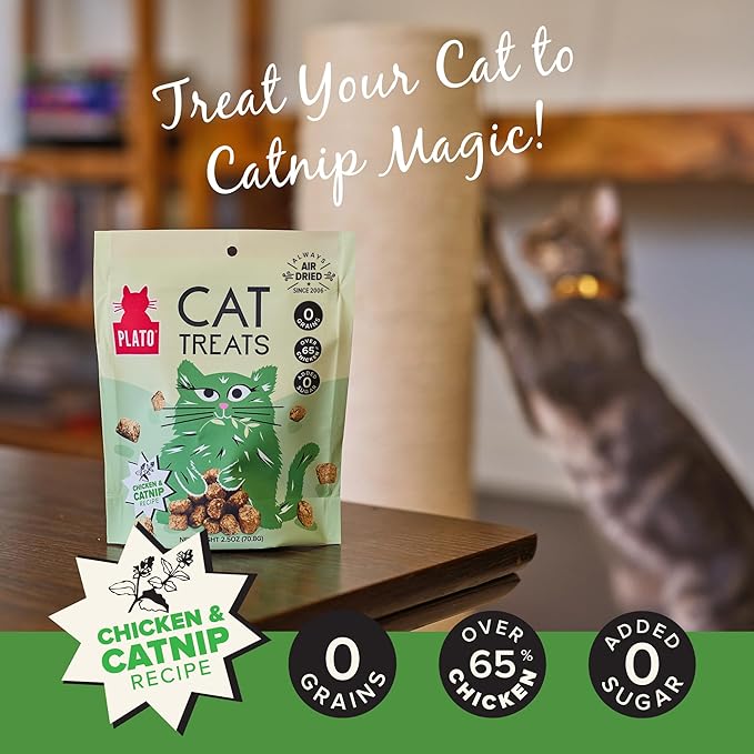 Plato Pet Treats Cat Treats - Single Ingredient, Healthy Chicken Catnip Treats for Indoor Cats - Air Dried - 2.5 oz