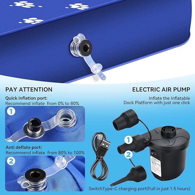 Inflatable Dock Platform with Electric Pump, Dog Boat Ramp Floating Non-Slip Oxford and PVC with Water Ramp for Dogs Pool, Dock, Lake with Traction Rope Dark Blue (4.7ft x 3ft x 6in)