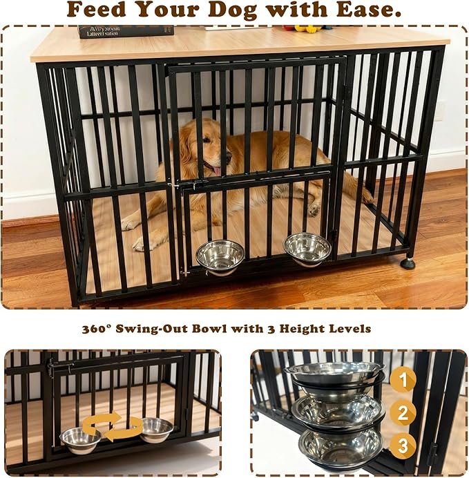 48" Dog Crate Furniture Foldable, Large Dog Kennel Furniture with Swing-Out Bowl & Dual Base Sets (Feet+Wheel), No Assembly Foldable Dog Crate Furniture, End Table for Large Dogs, Warm Gray