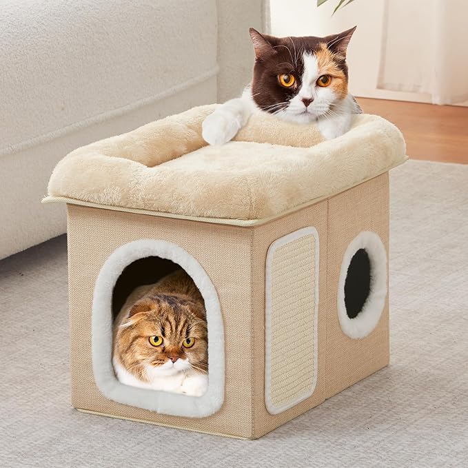 WINDRACING Cat Beds for Indoor Cats - Cat House for Pet and Foldable Cat Cave Bed with Scratch Pad, Cat Hideaway Condo for Kitten, 16.9x12.8x14.2 inches, Beige
