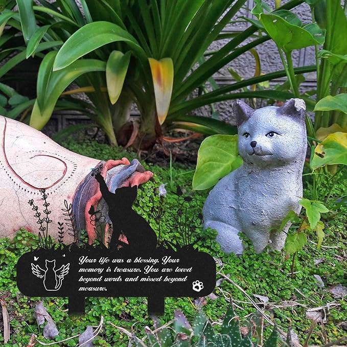 Pet Grave Markers - Metal Cat Memorial Plaque, Waterproof Cemetery Stakes, Pet Headstone (13.4 x 12 in)