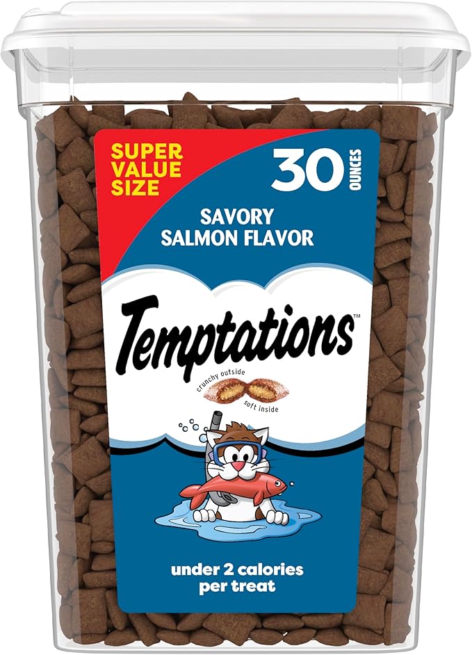 Temptations Cat Treats Classic Crunchy and Soft Cat Treats, Savory Salmon Flavor, 30 oz. Tub
