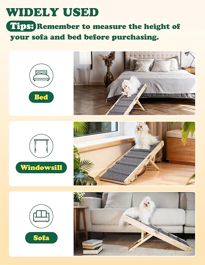 Dog Ramp Dog Stairs for Small Dogs Foldable Dog Ramp with 4 Adjustable Heights from 7.48'' to 15.35" Wood Pet Ramp with Non Slip Carpet Portable Puppy Ramp for Couch, Sofa, Low Bed