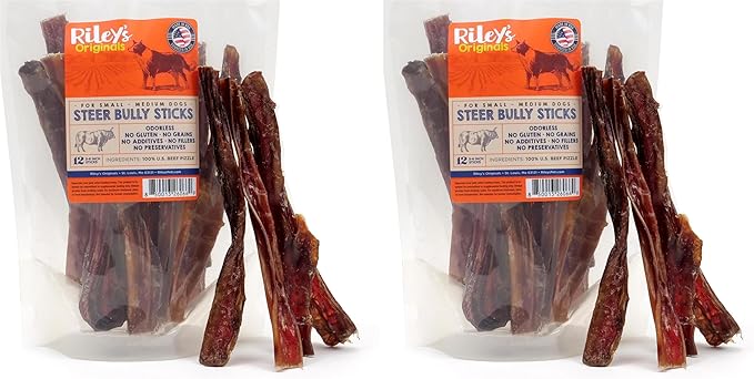 Riley's Steer Bully Sticks for Small to Medium Dogs - Single Ingredient Dog Treat, Easily Digestible, 100% Beef Pizzle Sticks - 5-6", 12ct (Pack of 2)