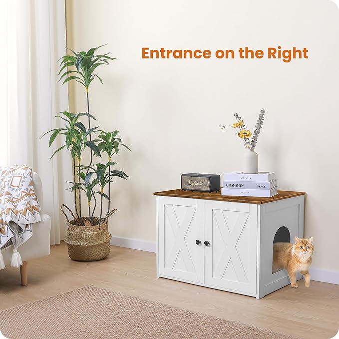 Dwanton Litter Box Enclosure, Cat Litter Box Furniture Hidden, Reversible Entrance Can Be on Left or Right Side, Wooden Cat Washroom Indoor, White and Warm Brown, 27.6 Inches