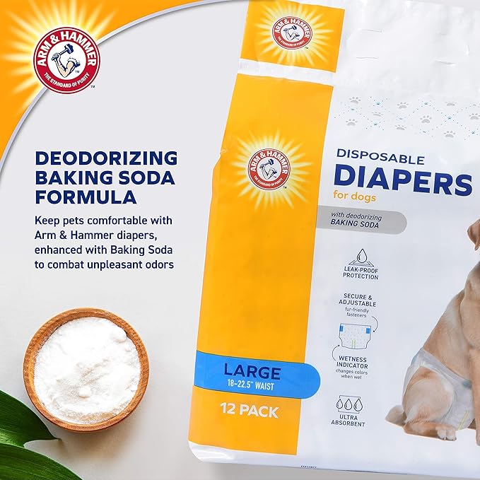 Arm & Hammer for Pets Disposable Female Dog Diapers with Odor Control and Wetness Indicator, Leak Resistant Dog Diapers for Incontinence and Heat Cycles, Size Large 18–23 in Waist, 12 Count