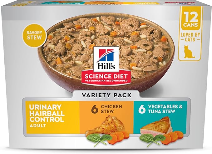 Hill's Science Diet Adult 1-6 Urinary Hairball Control Wet Cat Food, Variety Pack: Chicken, Tuna & Vegetables Stew, 2.9 oz. Cans, 12-Pack