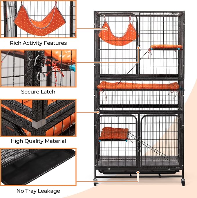Cat Cages Indoor,4-Tier Ferret Cage, Large Wire Crates with Hammock, Cat Enclosure with 2 Ladders, Cat Kennel with Wheels for Kitten, Guinea Pig, Rabbit, Chinchilla, Black