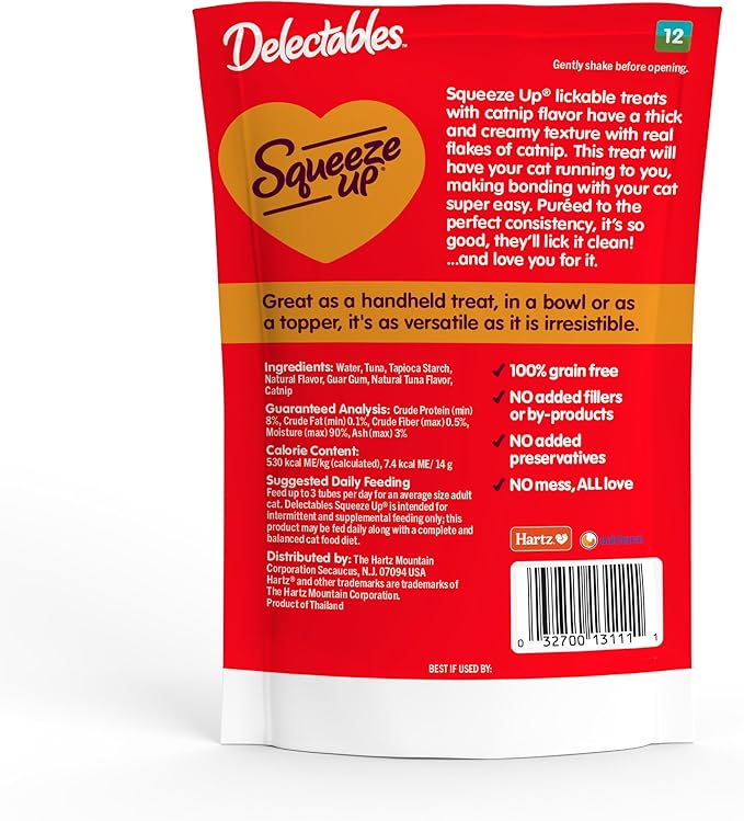 Delectables Squeeze Up Creamy Squeezable Puree, Lickable Wet Cat Treats, Grain Free, No Added Fillers, No by-Products, No Added Preservatives, 0.5 Ounces Tube Tuna with Catnip, 32 Tubes Total