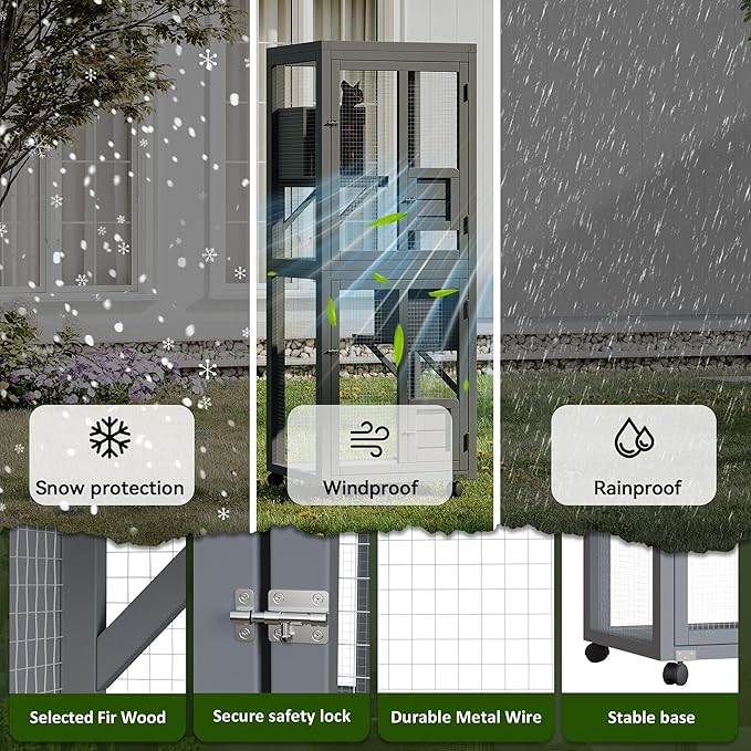 64.7 Inch Catio Outdoor Cat Enclosure, Large Cat House for Outdoor Cats with Enhanced Security Structure, Outside Cat Patio Cattery Weatherproof for Multiple Indoor Outdoor Cats, Grey