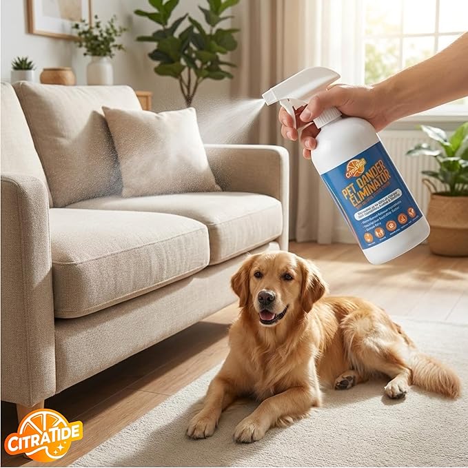 Dander Eliminator Spray – Plant-Based Pet Allergy & Dander Remover – Breaks Down Pet Dander, Dust Mites & Odors Naturally – Safe for Bedding, Furniture & Carpets – USA Made 32oz