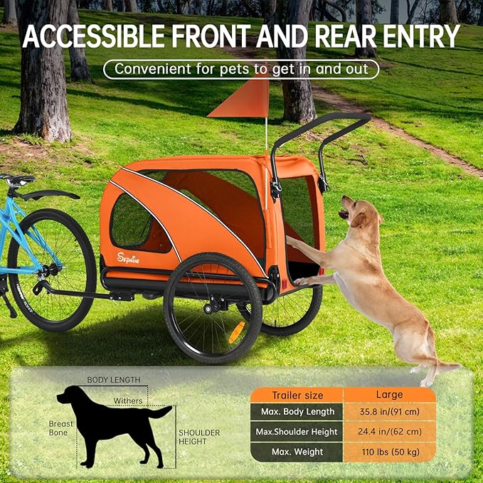 Sepnine Dog Bike Trailer, Supports up to 110 lbs, 2-in-1 Pet Stroller Cart Bicycle Carrier, Easy Folding Cart Frame with Quick Release Wheels, Universal Bicycle Coupler, Non-Slip Floor, Internal Leash
