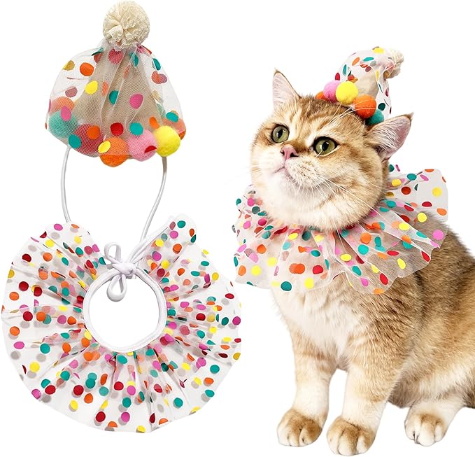 Cute Pet Birthday Costume Bandana Scarf Bib and Hat Set for Cat and Dog, Cat Dog Birthday Decorations Outfits (Polka Dot)