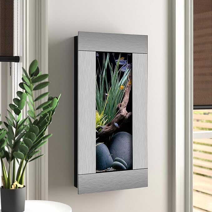 Aussie Aquariums 3.0 Wall Mounted Fish Tank Kit with LED Lighting, Built-in Filter System, Modern Space-Saving Design, Complete Accessories Set (Stainless Steel, Verticali)
