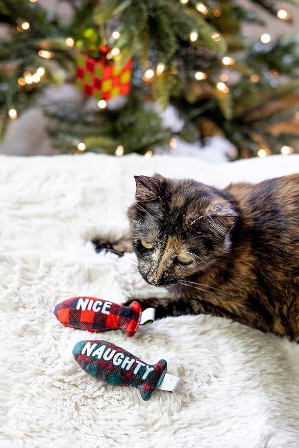 Pearhead Naughty Or Nice Christmas Cat Toy Set, Holiday Pet Owner Gift, Christmas Must Have Toy Set, Cat Teaser Toy, with Catnip Pouch, Set of 2