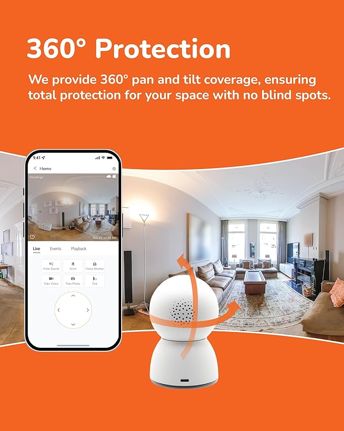 Sensforge 2.5K Indoor Pan-Tilt Dome Security Camera, AI Human & Pet Detection, 360° Coverage, Two-Way Audio, Dual-Band Wi-Fi (2.4G/5G), 64GB SD Card Included, No Monthly Fees (1, White)