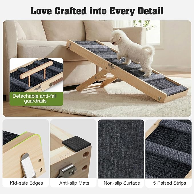 Upgraded Dog Ramp for Couch, Foldable Wooden Pet Ramp with 4 Adjustable Heights from 14'' to 22", Portable Pet Steps with Detachable Guardrails for Small Dogs, Puppies, Injured and Old Dogs