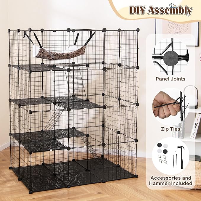 Tangkula Cat Cages Indoor, 56" Large 4-Tier Cat Enclosure with Skylight, Hammock, 3 Ladders, Detachable Metal Wire Kennel with 4 Lockable Doors, DIY Cat Crate & Pet Playpen Catio for 1-4 Cats