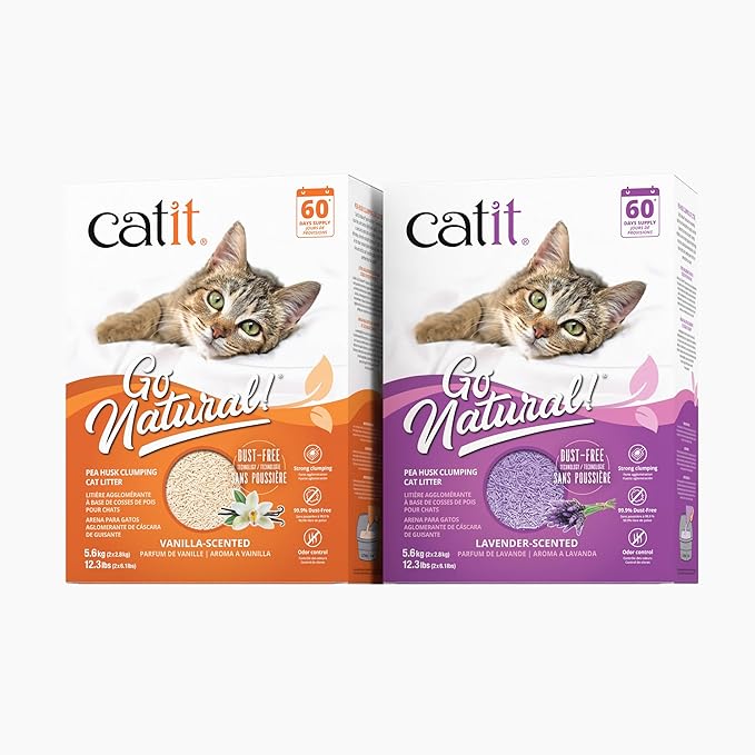 Catit - Go Natural Pea Husk Clumping Cat Litter - Dust Free, Easy Cleaning & Scooping, Flushable Kitty Litter with Odor Control & Subtle Fragrance - 12.3 Lbs, Vanilla Scented