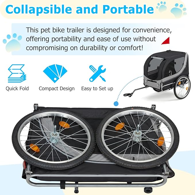 Foldable Pet Bike Trailer for Dogs up to 88 lbs – Universal Hitch Bicycle Carrier with Shock‑Absorbing Tires, Mesh Ventilation & Quick‑Release Wheels (55″/57″)
