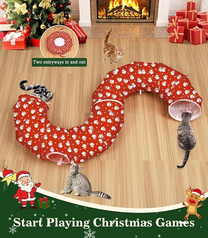 Pawaboo Cat Tunnel Bed Under Christmas Tree, 35.4'' Christmas Cat Toy Circle Tunnel with Ball, Cats Tunnels Christmass Tree Skirt Decorative Festive Foldable Kitty Tube Tunnels for Cats(Red Snowman)