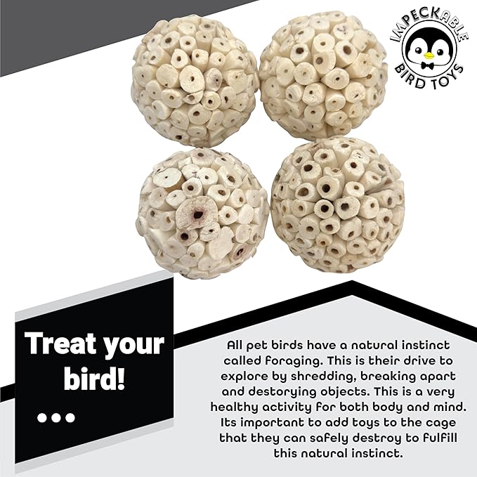 9001 Pk4 3.2 Inch Handmade Sola Wood Balls - Natural Bird Toys for Cage - Soft Shreddable Chewing Foot Toys for Cockatiel, Parakeet, Parrot & Conure - Safe Foraging Birdcage Accessories & DIY Parts