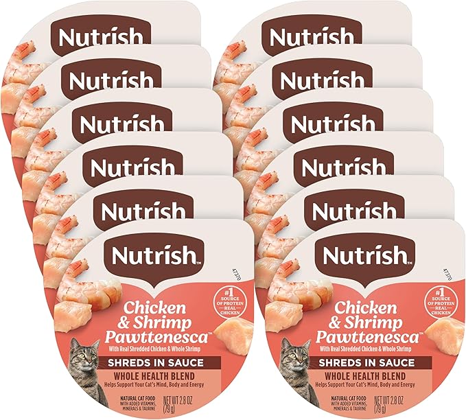 Nutrish Grain Free Wet Cat Food Chicken & Shrimp Pawttenesca Whole Health Blend with Real Shredded Chicken & Whole Shrimp in Sauce, 2.8 oz. Cup (Rachael Ray) (Pack of 12)