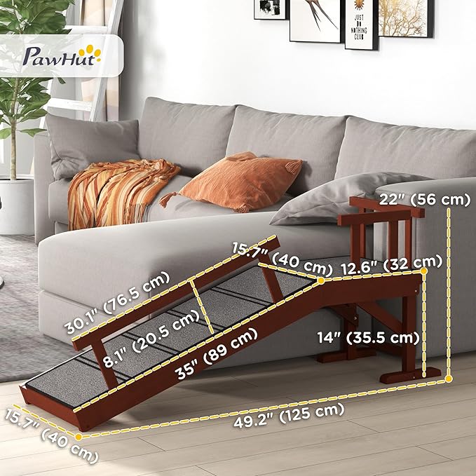 PawHut Dog Ramp, Dog Stairs for Small, Medium & Large Dogs, Pet Ramp for Bed or Couch with Removable Guardrails, Non-Slip Surface, 49" Long, Brown