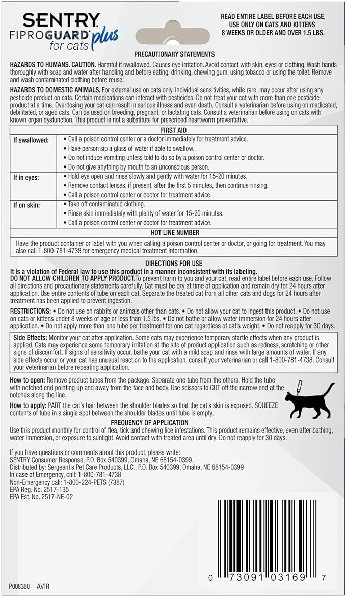 Sentry Fiproguard for Cats, Flea and Tick Prevention for Cats (1.5 Pounds and Over), Includes 6 Month Supply of Topical Flea Treatments