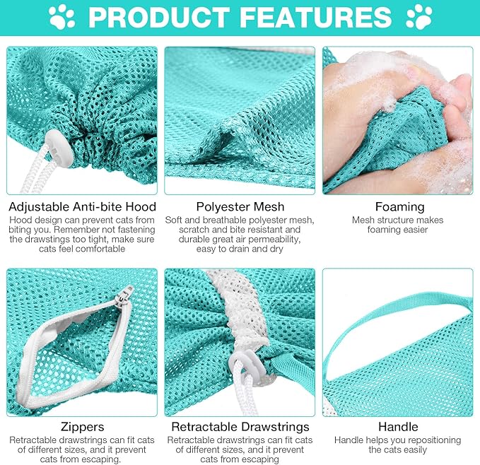 Cat Shower Net Bag Grooming Bathing Adjustable Washing Bag Multifunctional Cat Restraint Accessories Prevent Biting Scratching, Nail Trimming, Ears Clean, Keeping Calm(Green)