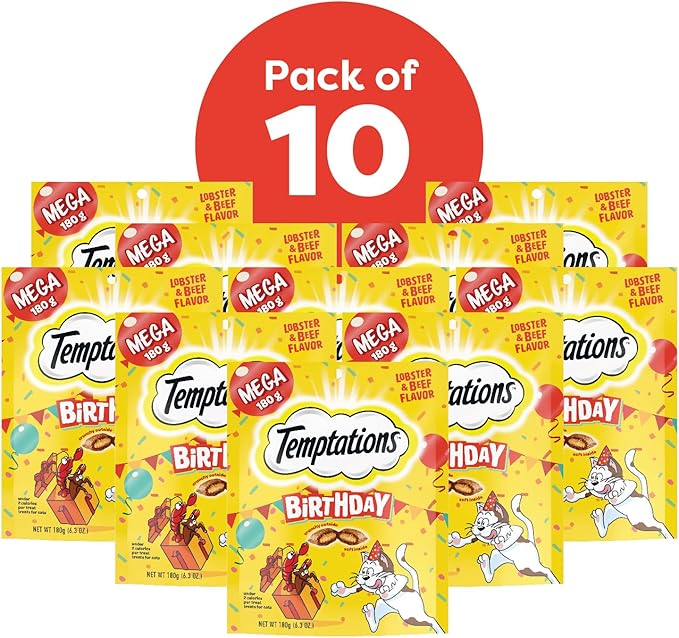 Temptations Birthday Cat Treats, Crunchy and Soft Cat Treats, Lobster & Beef Flavor, 6.3 oz. Pouch (Pack of 10)