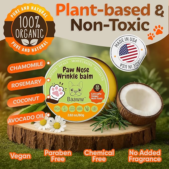 Paw Nose Dog Lick Safe Balm – Natural Moisturizer for Dry and Cracked Paws, Soothes Itchy, Sensitive and Irritated Skin, Wrinkle Irritation Relief, Protective Pet Care Soothing Essentials, 80g