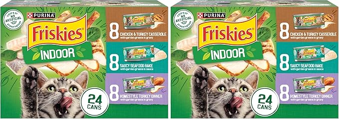 Friskies Purina Indoor Cat Food 24ct VP - (Chicken and Turkey Casserole, Saucy Seafood Bake, Homestyle Turkey Dinner) - 5.5 oz. Cans (Pack of 48)