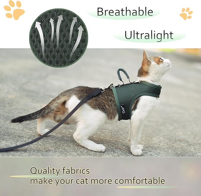 Cat Harness and Leash for Walking Escape Proof Breathable Mesh Fabric, Solid Green, Medium, Adjustable Cat Walking Jackets with Handle, Padded Stylish Cat Vest