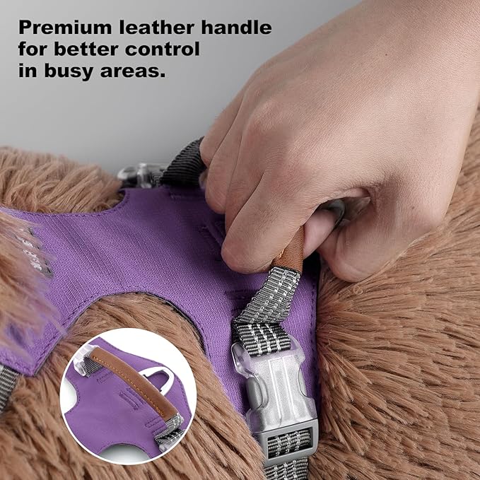 No Pull Dog Harness – Adjustable Reflective Nylon Vest for Small Medium Large Dogs, Escape Proof Training Harness with Leather Control Handle, Lightweight Aluminum Hardware (Purple, L)