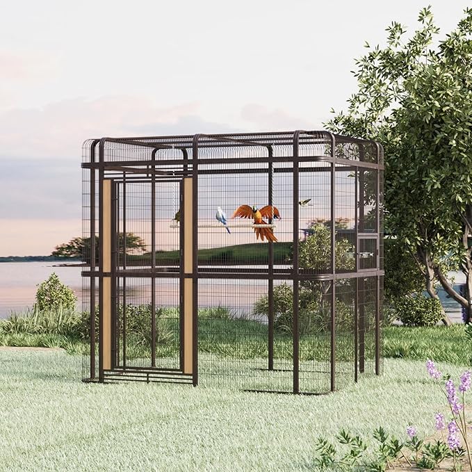 87-inch Outdoor Large Walk-in Cage Heavy Duty Bird Cage Carbon Crystal Board Aviary Parrot Cage Wide Flight Metal Birdcage for Macaw Budgie Conure Lovebird Parakeet Cockatiel, 7.22x5.25x6.8ft, Brown