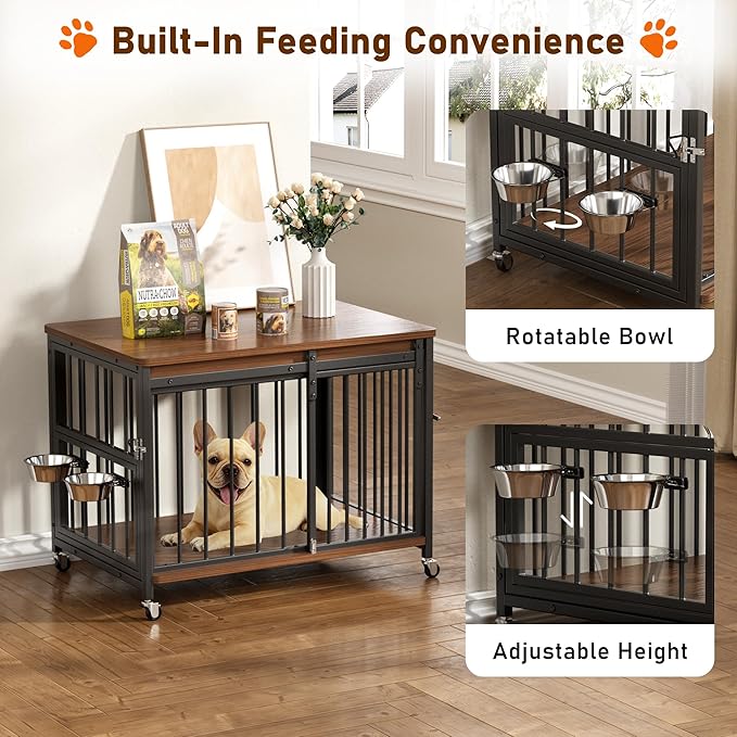 Dog Crate Furniture, 32’’ Wooden Dog Kennel Indoor with Sliding Front Door, Multi-Side Openings & Feeding Window Pet Cage House as TV Stand, End Table for Medium Dogs