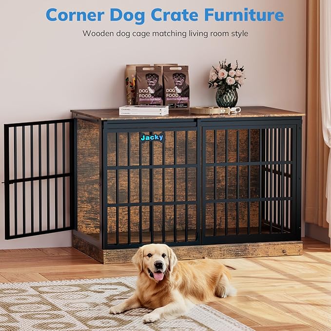 Petrova 47" Dog Crate Furniture for 1 Dogs, Heavy Duty Indoor Dog Kennel for Medium/Large Dogs, Wooden Dog Cage with Sliding Barn Door, Name Tag, Brown