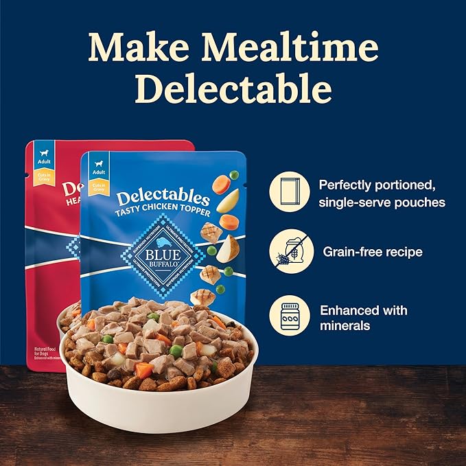 Blue Buffalo Delectables Natural Wet Dog Food Toppers Variety Pack, Tasty Chicken & Hearty Beef, Cuts in Gravy, 3-oz. (12 Pouches, 6 of Each Flavor)