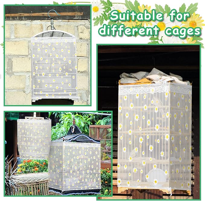 Shappy Large Bird Cage Net Cover for Seed Bird Cage Skirt Seed Catcher with Daisy Pattern Adjustable Nylon Protector for Budgie Parrot Parakeet Macaw(X-Large,White Daisy)