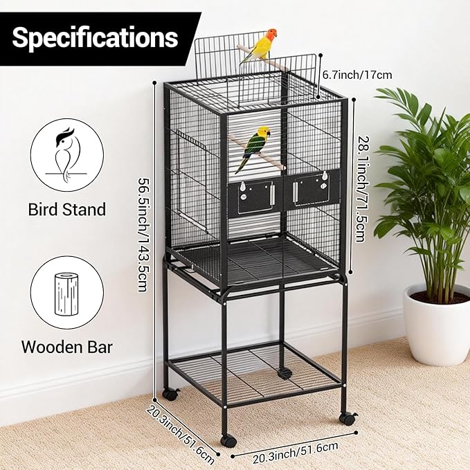 Bird Cage with Wheels, 63 Inch Bird Flight Cage, Wrought Iron Standing Large Parrot Parakeet Flight Birds Cages with Slide Out Tray Parrot Metal Parakeet Cages with Wooden Perches Black