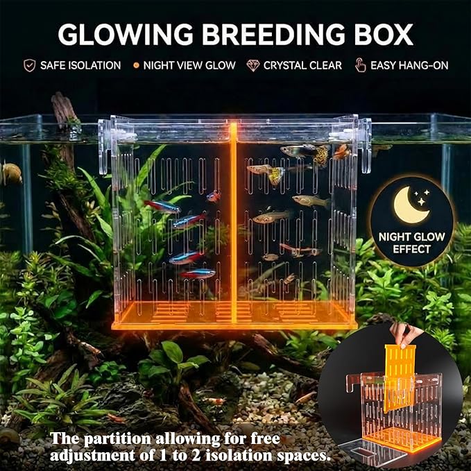 Aquarium Isolation & Acclimation Box, Acrylic Breeder Box with Long Handle Net for Fish Tank - Hatchery Incubator for Shrimp, Betta, Guppy, Baby Fish (Orange, 7.84x5.71x7.87 in)
