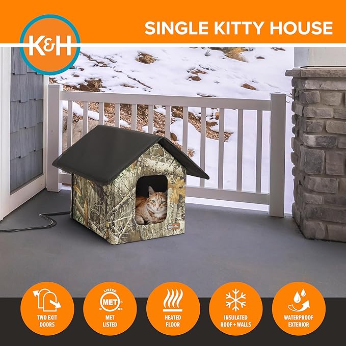 K&H Pet Products Heated Outdoor Cat House for Outside Pets in Winter, Weatherproof Outdoor House for Ferals, Insulated Kitty Shelter, 2 Doors, Waterproof Heated Cat Bed, Safety Listed - Camo 20W