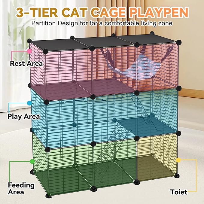 Cat Cage, 3-Tier DIY Catio Cat Enclosures, 36" x 16" x 36" Cat Playpen Indoor & Outdoor with Hammock, Detachable Metal Wire Kennel Cats Crate, 3x1x3 Exercise Place for 1-2 Kitten/Squirrel