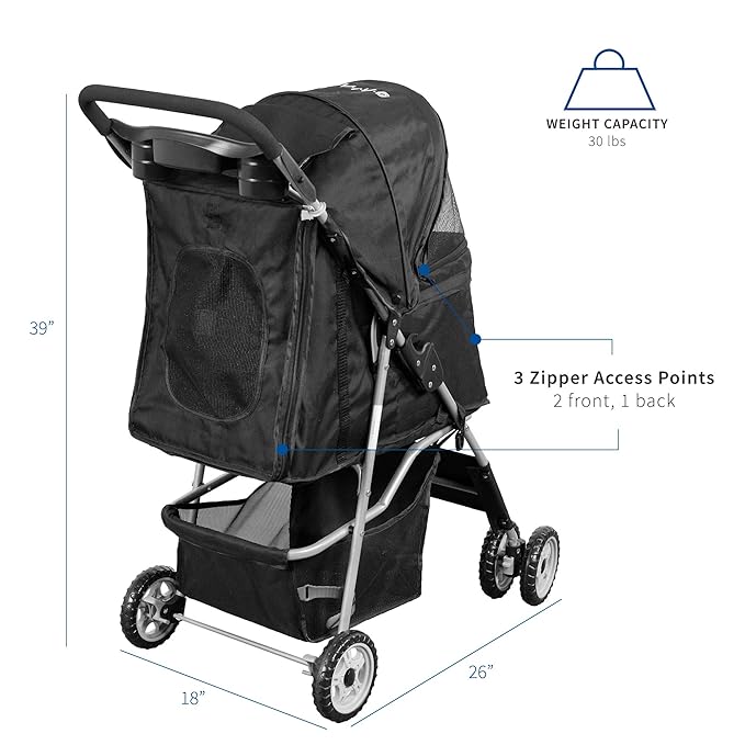 VIVO Black 4 Wheel Pet Stroller for Cat, Dog and More, Foldable Carrier Strolling Cart, STROLR-V001K