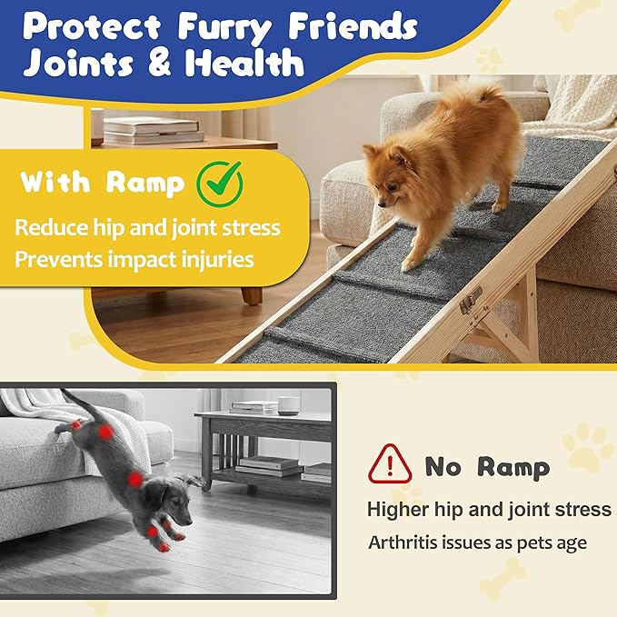 Dog Ramp for Bed & Couch - Extra 51.2" Long Adjustable Height 9.5" to 24" Wooden Non-Slip Pet Ramp, Portable Foldable Doggie Car Ramp for Small Medium Large Dogs, 200 LBS Load