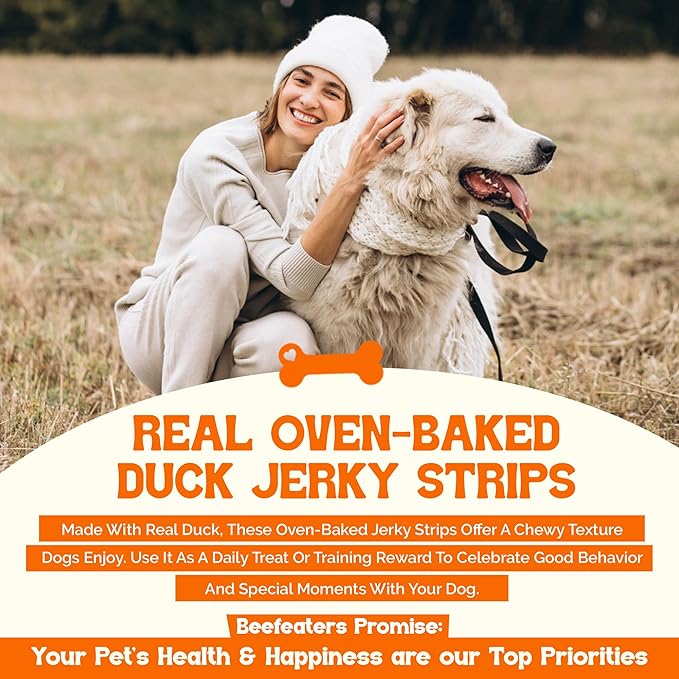 Beefeaters Duck Jerky Strips for Dogs 8oz, Oven-Baked High Protein Dog Treats Duck Jerky - Low Fat Grain-Free Dog Snacks - No Corn Wheat or Soy - Chewy Dog Jerky Treats for Training and Rewards
