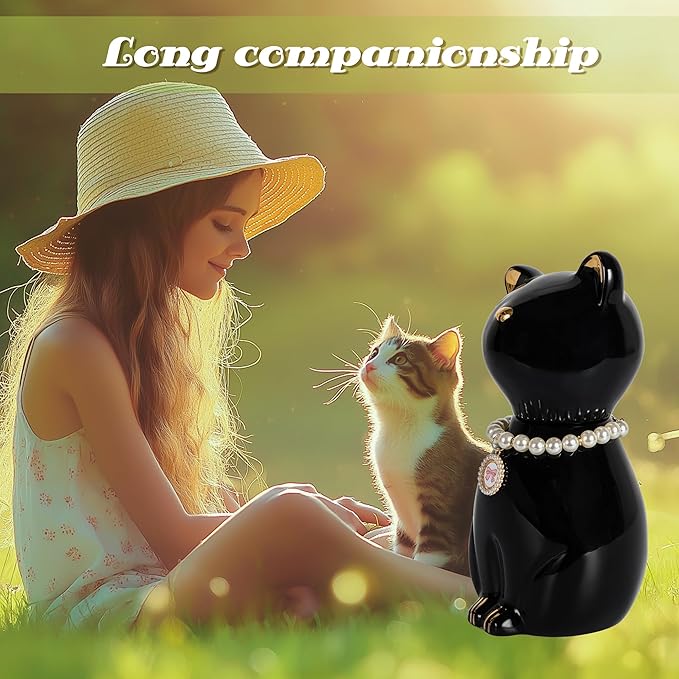 Cat Urns for Ashes, Elegant Ceramics Pets Cremation Keepsake, Funerary Urns Black Pet Urn for Cats Memorial Box with Personalized Necklace (20lbs)